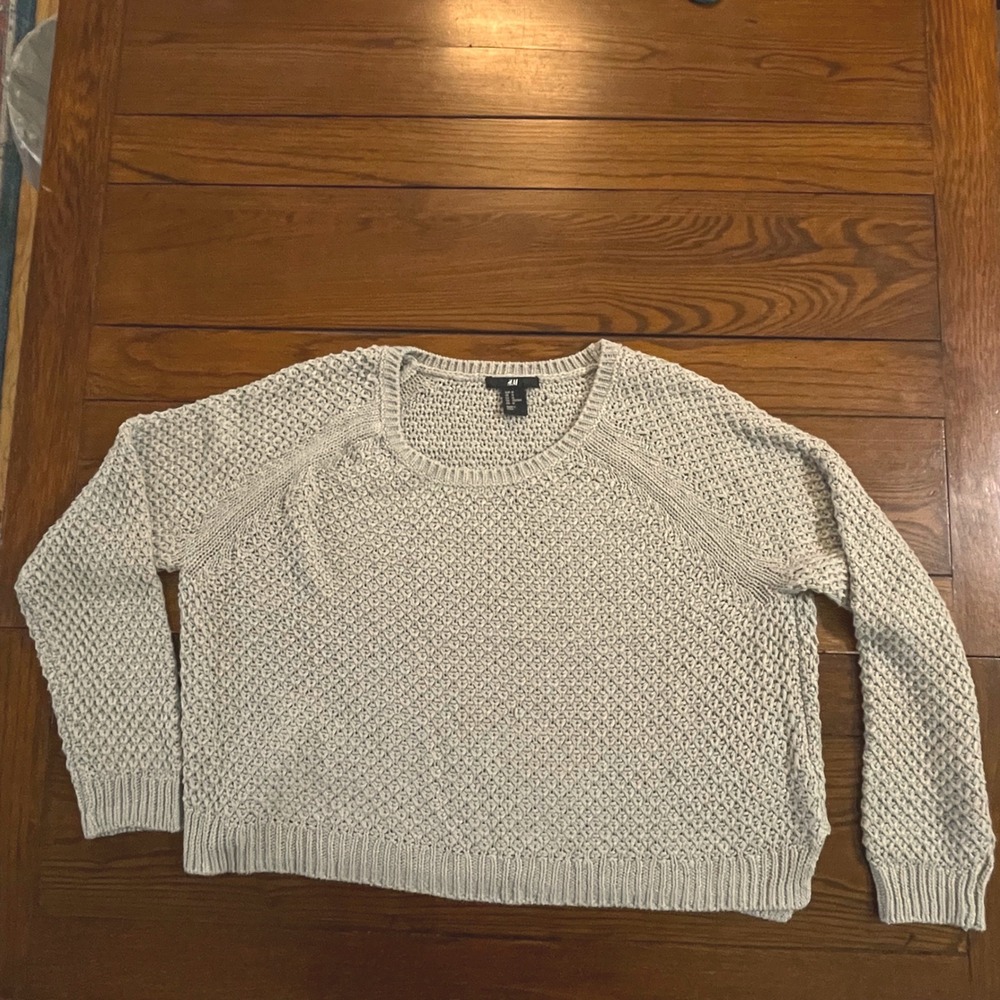 H&M Crochet Knit Crew Neck Cropped Sweater Light Beige Long Sleeve Womens Medium